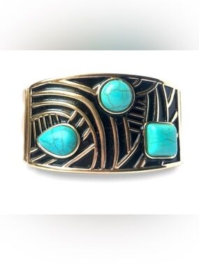 New Western Chic Wide Stretchy Bangle Style Turquoise Gold Tone Bracelet